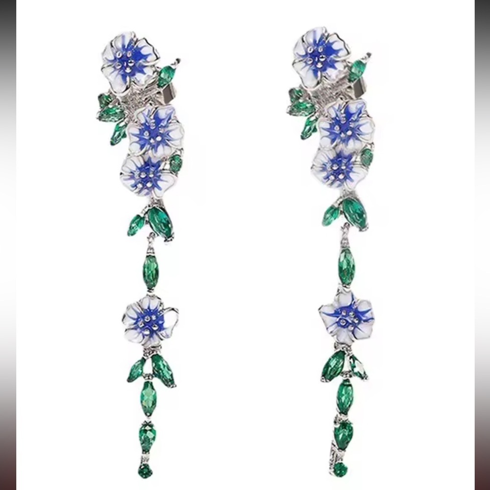 Blue Floral Dangle Earrings - Picture 2 of 9